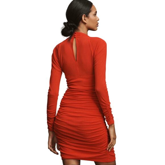 Anthropologie Womens Dress Red V-Neck Ruched Size XL Mesh Midi Fitted Pullover - Picture 15 of 16
